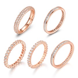 TIKJE 5 Rings Set For Women, 18k Yellow/White Gold/Rose Gold/Black Plated Rings - Cubic Zirconias Band Ring, Eternity Promise Ring For Her Engagement Ring Wedding Band Size 5-12, Cubic Zirconia