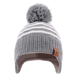 Zsedrut Kids Winter Knitted Hat Scarf Earflap Pompom Beanie Cap for Girls Boys Thick Warm Toddler Hats (Grey Stripe Hat, 4-8Y)