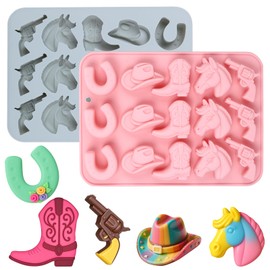 Palksky Cowboy Chocolate Molds, 2Pack Western Theme Silicone Mold Baking with Cowboy Horse Boots Hat Saddle Shapes, Candy Molds for Chocolate Gummy Cookies Fondant Candy Party Decor
