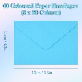 Wisebom 60 Pieces Coloured Envelopes, 160 mm x 110 mm Small Mixed Coloured Envelopes Wedding Envelopes Gift Envelopes 20 Assorted Colours for Mini Small Gift Cards Tags Birthday Wishes Wedding