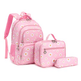 Lroiutian Girls Backpack for School Backpack with Lunch Box Pencil Case Set, 3-in-1 Lightweight Water Resistant School Bag for Kids Elementary Teen Bookbag (Daisy Pink)