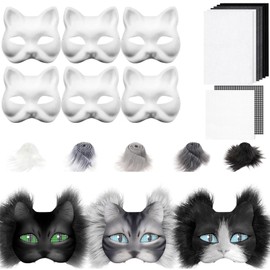 CUVZORA Therian Mask DIY Set, 6 Blank Cat Masks for Painting with Furry Materials for Creative Projects, Craft Animal Masks for Cosplay, Children and Fans of Therian Stuff (C)