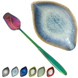 Coffee Spoon and Rest for Coffee Bar Accessories, Leaf Small Spoon Rest for Coffee Station, Tea Spoon Rest Tea Spoon Holder Teaspoon Rest, 1 PC (Retro Sea Blue with Rainbow Rose Spoon)
