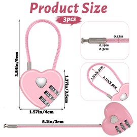 3Pcs 3 Digit Combination Lock for Locker, Pink Heart Lock with Steel Wire Rope, Mini Luggage Locks Cute Combo Locks for Backpack Luggage Lockers Jewelry Boxes