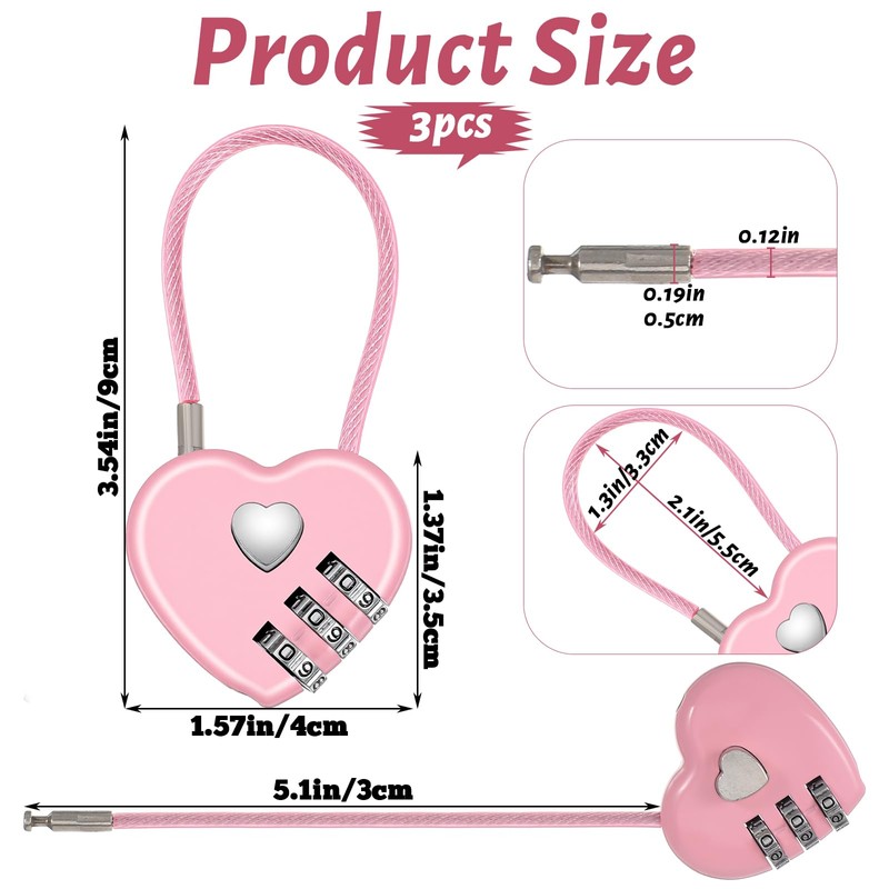 3Pcs 3 Digit Combination Lock for Locker, Pink Heart Lock