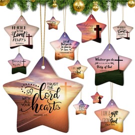 Syhood 12 Pcs Christian Gifts for Women Christian Christmas Ornaments Scripture Religious Bible Verse Christmas Ceramic Ornament Star Shaped Hanging Xmas Gift for Christmas Tree Holy Family Keepsake