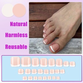 24Pcs White French Tip Press on Toenails, Short Square Nude Pink Elegant Fake Toe Nails, Summer Glossy Gel False Toenails, Artificial Beach Full Cover Acrylic Stick on Toe Nails for Women and Girls