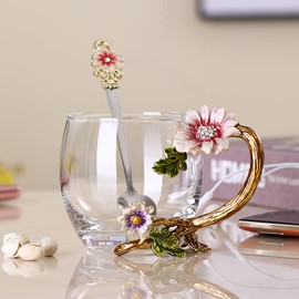 JY-Danbady JY-Danbady Enamel Sunflower Crystal Lead-Free Glass Tea Cup with Spoon Set, Present for The Christmas, Valentine's Day.Best Present for Mother, Grandma, Girlfriend, Sister.