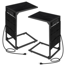 Set of 2 C Shaped End Table with Charging Station, Snack Side Table, C Tables for Couch, Couch Tables That Slide Under, for Living Room, Bedroom, Black