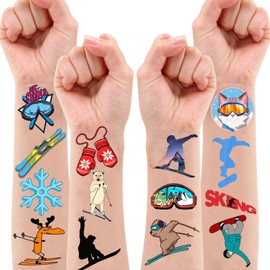 Winter Skiing Temporary Tattoos 10 Sheets 100 PCS Snowboard Party Decorations Favors Supplies Snow Theme Birthday Stickers Gifts for Boys Girls Kids Class School Prizes Carnival Christmas