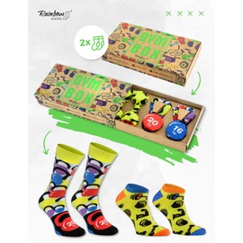 Rainbow Socks - Gym Socks Box - Women's Men's Funny Gym Socks - Novelty Gift for Fitness Fans and Trainers - Dumbbells Kettlebell - 2 Pairs, 1 x GymBox