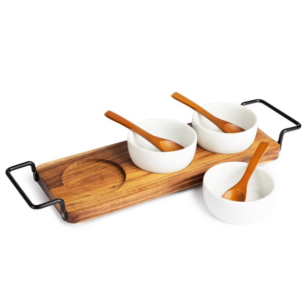 Acacia Wood Serving Tray with 3 Ceramic Bowls & 3 Wooden Spoons - Relish Tray with Stainless Steel Handles & Non-Scratch Rubber Feet Serves as Chip and Dip Serving Set for Sauces, Dips & Much More