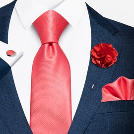 Solid Color Ties Set Men Handkerchief Cufflinks Brooch 3.15 inches Classic Formal Necktie Pocket Square Set (Coral)
