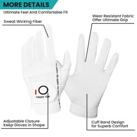 FINGER TEN Men's Golf Gloves for Right Left Handed Golfer Rain Grip Value 2 Pack, Golf Glove for Hot Wet Weather No Sweat Black Gray White Blue (White, Large-Worn on Left Hand)