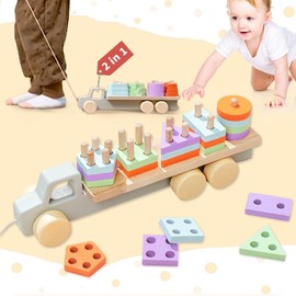 Opard 2 in 1 Wooden Shaping Truck Car Toy Educational Toy Molded 3D Wooden Puzzle Montessori Toy 0 1 2 3 4 5 Years Old Baby Kids Toy Kindergarten Elementary School Student Block Toy Building Blocks