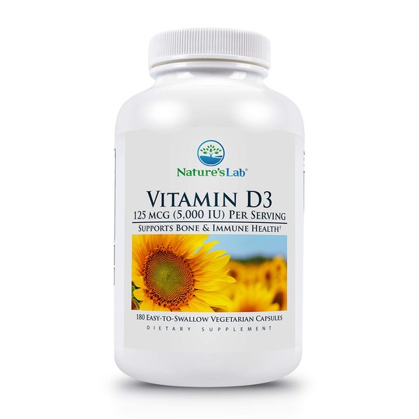 Nature's Lab Vitamin D3 5000 IU 180ct (6 Month Supply) for Immune Support and Healthy Bones Gluten Free, Non GMO