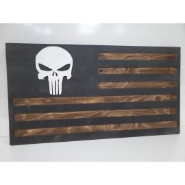 Knotty Oar Wood Shop Punisher Skull American Flag Hidden Gun Ammo Storage Concealment Safe Cabinet - Magnetic, Add Light