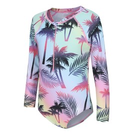 Big Girls One Piece Swimsuits Long Sleeve Rash Guard Kids UPF 50+ Sun Protection Swimshirt Bathing Suit Fantasy Palm Tree Size 12/10-12