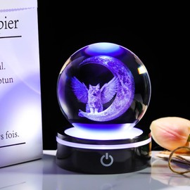 YWHL 3D Cat Figurine Gifts for Women, Laser Engraving Cat Ball Home Party Decoration, Cat Memorial Gifts for Loss of Cat, Cat Lover Gifts for Women, Cat Mom Gifts, 80 Ball-Angel Cat-HYC