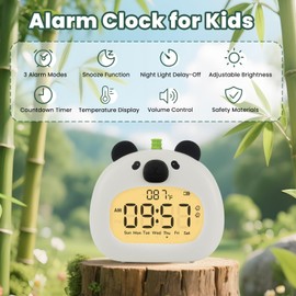 Aokpsrt Panda Alarm Clock with Night Light for Kids – Cute Digital Sleep Trainer with LED Display, 3 Alarms, Countdown Timer, Adjustable Brightness – Rechargeable Bedside Clock for Boys and Girls