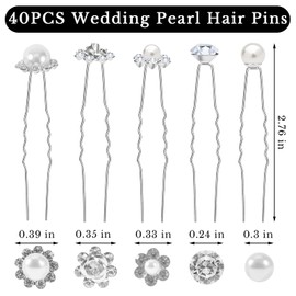 40 PCS Wedding Pearl Hair Pins for Bridal Pearl Rhinestone Hair Pins Silver Hair Pins Bridal Wedding Hair Accessories for Brides Bridesmaids Women