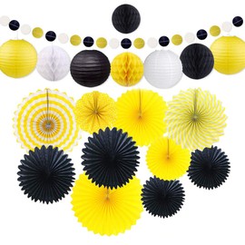 19pcs Honey Bee Party Decoration, Hanging Paper Fans Lantern Honeycomb Ball Garlands Set for Birthday Baby Shower (Black Yellow)