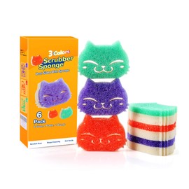 Eyliden 6 Pack Kitchen Scrub Sponges, Dual-sided Dish Scourers for Washing up Stubborn & Delicate Surfaces, Hard/Soft Texture Changes with Cold/Hot Water, 3 Color Cute Cleaning Sponges for Dishes Sink