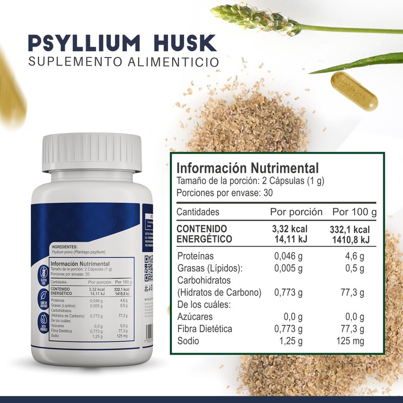 BULK SUPERFOODS | Psyllium Husk 100% Natural | 60 Cápsulas
