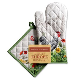 Maison d' Hermine Oven Glove (19 cm x 33 cm) and Pot Holder (20 cm x 20 cm) Made of 100% Cotton, Heat Resistant Combination for Barbecues, Men, Cooking, Wedding as well as Basse Cour - Spring/Summer