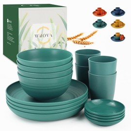 Wrova Wheat straw plates and bowls set of 16 - Unbreakable wheat straw dinnerware sets for kids - Alternative plastic dinnerware set service for 4 - Microwave safe and Dishwasher safe bowls. Green