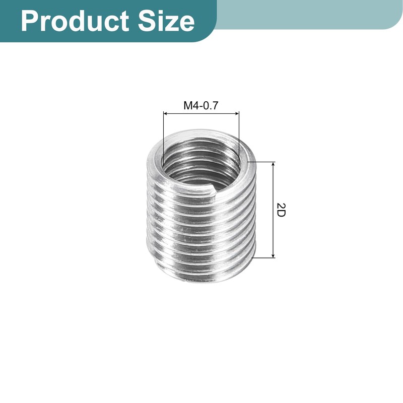 sourcing map 100Pcs Helical Threaded Inserts, M4-0.7x2D 304 Stainless Steel