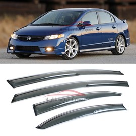 Fits for 2006-2011 8th Gen Honda Civic 4 Door Sedan JDM Mugen Style Chrome Trim Smoke Tinted Window Visors Rain Guards Deflectors