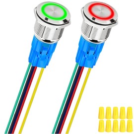 MKBKLLJY 2Pcs 16mm Silvery Self-Locking Push Button Switch DC 12V 5A On Off Stainless Steel Waterproof Red/Green LED Angel Ring Head for 0.63" Mounting Hole with Wire Socket Plug Wiring Cap for Car RV