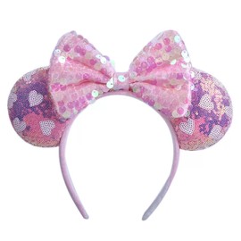 Valentine’s Day Mouse Ears Headbands, Sequin Heart Mouse Ears Hair Band for Women Girls Boys Party, Shiny Bow Headband for Holiday Princess Cosplay Costume Party Decorations Hair Accessories (Pink)