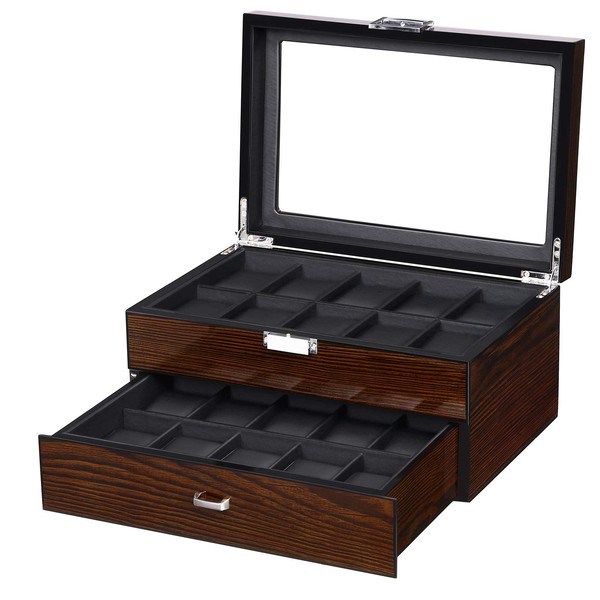 BEWISHOME Watch Box 20 Slots Watch Case for Men - Luxury Watch Organizer with Glass Top,Smooth Faux Leather Interior, Brown SSH04Y