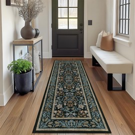 GarveeHome Kitchen Runner Rug 2x6 Runner Rug Non Slip Washable Runners for Hallways, Boho Vintage Rugs with Rubber Backing, Soft Low-Pile Indoor Carpet for Entryway, Laundry, Bedroom, Blue Black