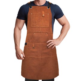 FOFSER Work Apron for Men, Wood Working Carpenter Apron with 10 Pockets/Loops, Heavy Duty Leather Tool Apron for Welding Worker, Workshop Machinist, Woodworker, Blacksmith, Adjustable M-XXL