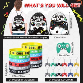 Nosiny 72 Pcs Video Game Party Favors Video Gamer Party Drawstring Bags Gaming Goodie Bag Silicone Bracelet Wristbands Keychain Classroom Rewards for Kids Birthday Bag Stuffers(Black, White,Cute)