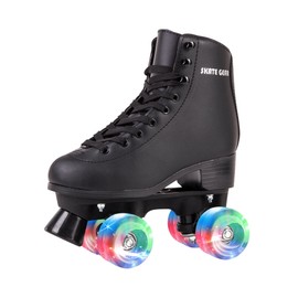 Skate Gear Extra Support Quad Roller Skates for Kids and Adults (Black w LED, Women's 7 / Youth 6 / Men's 6)