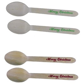 Disposable Wooden Spoons with Merry Christmas Print - 24 pack of Red & 24 pack of Green
