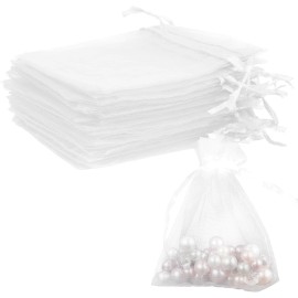 BOEIAC 50 Pk White Organza Bags 3x4" Sheer Drawstring Jewelry Favor Pouches