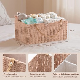 HBlife Large Baby Diaper Caddy Organizer Pink, Paper Rope Storage Baskets Nursery Bin with Removable Divider, Portable Car Organizer for Diapers, Baby Shower Gifts, Newborn Essentials Must Haves