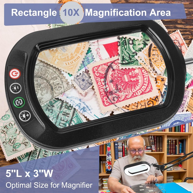 10X Large Magnifying Glass with Light and Clamp, Real Glass,