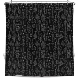 Coxila - Cortina de ducha floral clásico con flores negras, estilo rústico, retro, primavera, botánica, naturaleza, país, negro, bohemio, linda, flores silvestres, baño, tela de poliéster, 12 ganchos