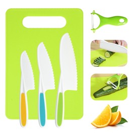 Kids Knife Set, 5 Pcs Montessori Kitchen Tools for Toddlers' Real Cooking for 3+, BPA Free Kids Safe Kitchen Cooking and Baking Set with Peeler, Cutting Board for Sandwich Bread Vegetable Fruit Gift