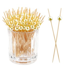 100 Pcs Cocktail Picks, 12 CM Toothpicks for Appetizers, Bamboo Cocktail Sticks Skewers for Drinks, Burger Sticks, Charcuterie, Wedding Party Fancy Toothpicks, Gold Pearl Mini Food Picks Decorative