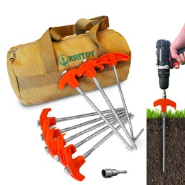 16 Pack Tent Stakes Heavy Duty - 8" Screw in Tent Stakes - Ground Anchors Screw in - Tent Pegs Camping Stakes - Metal Threaded Tent Spikes with 1 Hex Head Driver, 1Stopper T Pull Hook and Storage Bag