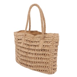 Straw Beach Bag, Vintage Straw Handbag Hollowed Woven Inner Pocket with Zipper for Holiday, brown