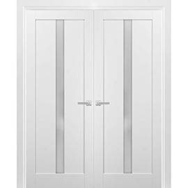 SARTODOORS French Double Panel Lite Doors with Hardware | Quadro 4112 White Silk with Frosted Opaque Glass | Sample of Color