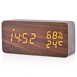 Digital Alarm Clock, Wooden Table Clock, LED Time Display, 3 Alarm Clock Settings, USB Powered, Humidity and Temperature Detection Electronic Clock, Suitable for Bedroom, Bedside Table, Desk, Office,